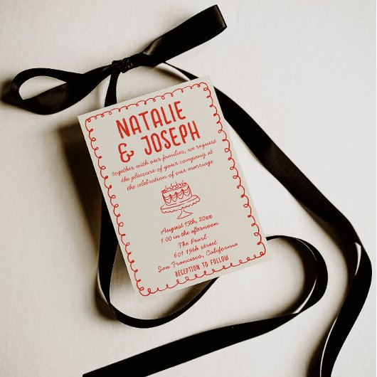 Hand Getrokken Rode Taart Funky Quirky Wedding Kaart