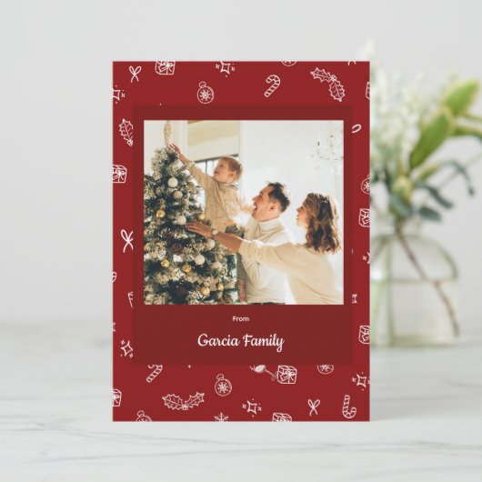 Hand getrokken rode vrolijke kerstfoto feestdagenkaart (Staand voorkant)
