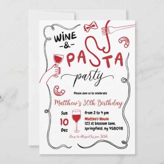 Hand getrokken rode wijn en pasta partij volwassen kaart (Voorkant)