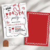 Hand getrokken rode wijn en pasta partij volwassen kaart