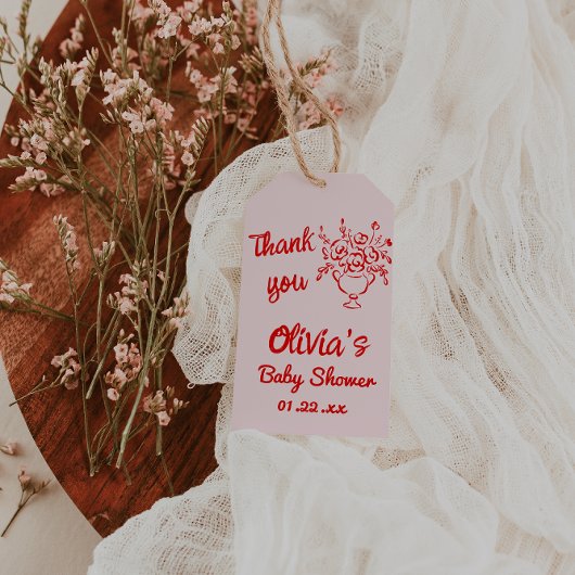 Hand getrokken rood bloemenboeket Baby in bloeidou Cadeaulabel