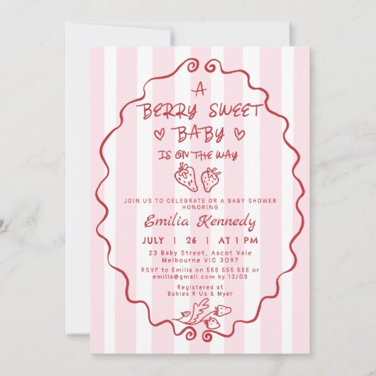 Hand getrokken rood gestreepte aardbeien Baby show Kaart (Voorkant)