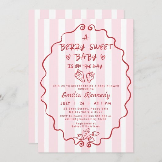 Hand getrokken rood gestreepte aardbeien Baby show Kaart (Voorkant / Achterkant)