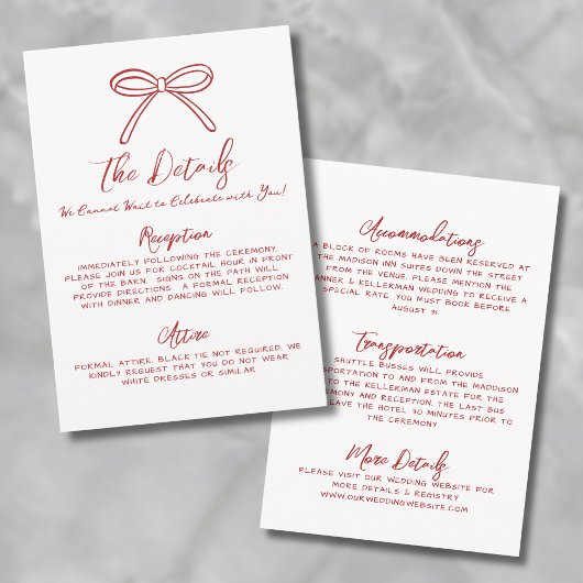 Hand getrokken rood grillige bruiloft details informatiekaartje