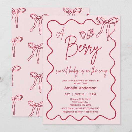 Hand getrokken rood roze aardbei Baby shower Kaart (Voorkant / Achterkant)