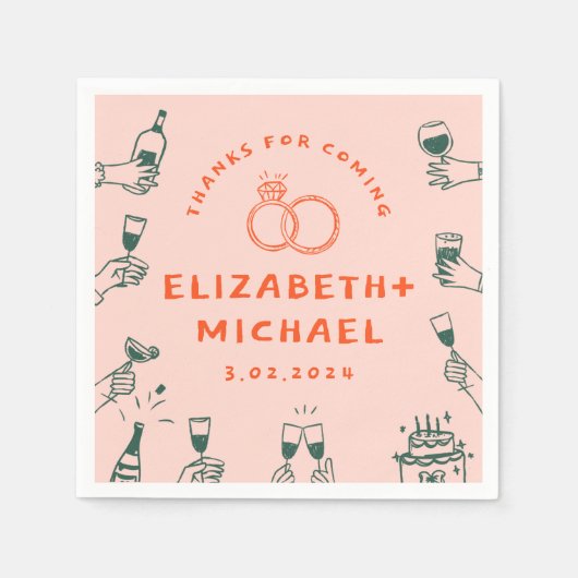 Hand getrokken Rood Roze Funky Bruiloft Servet (Voorkant)