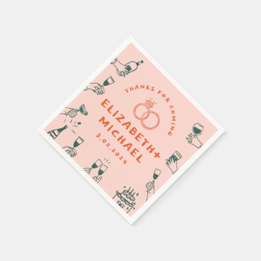 Hand getrokken Rood Roze Funky Bruiloft Servet (Hoek)