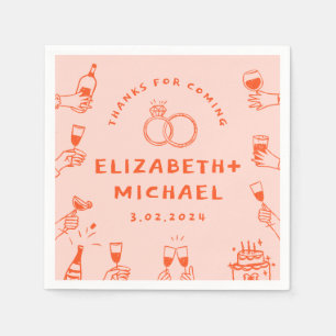 Hand getrokken Rood Roze Funky Bruiloft Servet