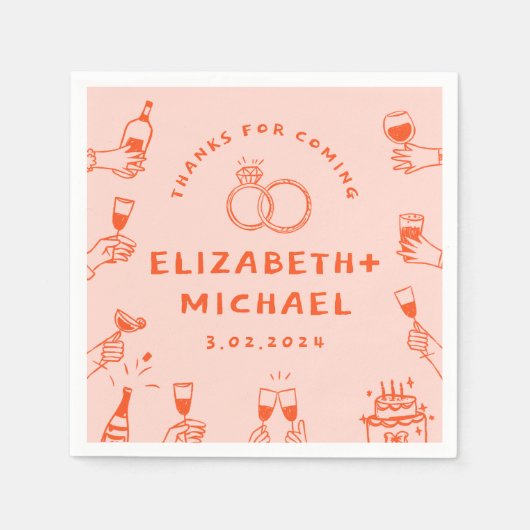 Hand getrokken Rood Roze Funky Bruiloft Servet (Voorkant)