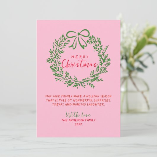 Hand getrokken rood roze groene krans foto kerst feestdagenkaart (Staand voorkant)