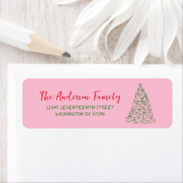 Hand getrokken rood roze groene linten boom Kerstm Etiket