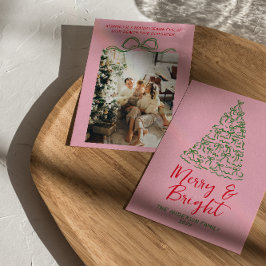 Hand getrokken rood roze linten boom foto kerst feestdagenkaart