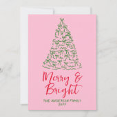 Hand getrokken rood roze linten boom foto kerst feestdagenkaart (Voorkant)