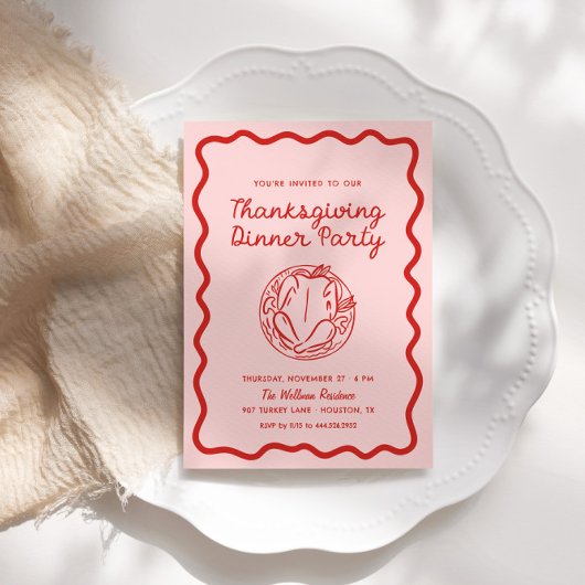 Hand getrokken rood roze Whimsy Doodle Thanksgivin Feestdagenkaart