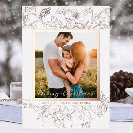 Hand getrokken Roos Goud & Wit Bloemen Kerst Folie Feestdagenkaart