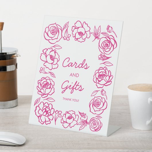 Hand getrokken roze bloemengeschenken en Kaarten Reclamebord Met Voetstuk (Insitu)