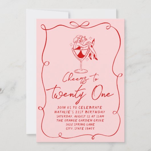 Hand getrokken roze boog 21e Coquette verjaardagsf Kaart (Voorkant)
