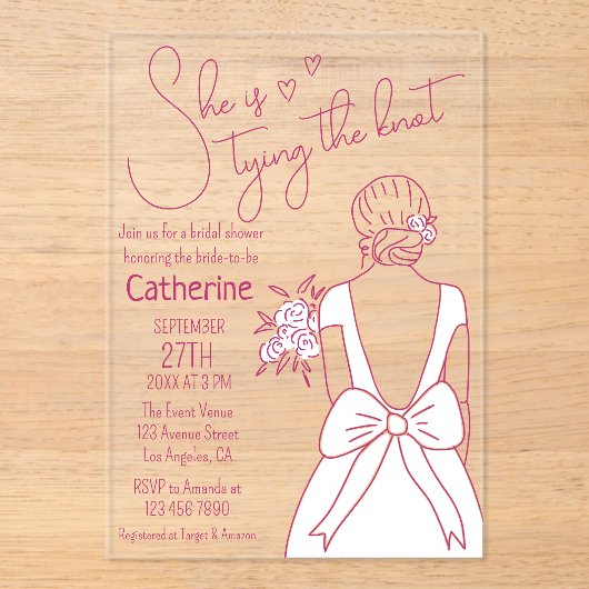 Hand getrokken roze boog bruiloft jurk Vrijgezelle Acryl Uitnodigingen (Voorkant)