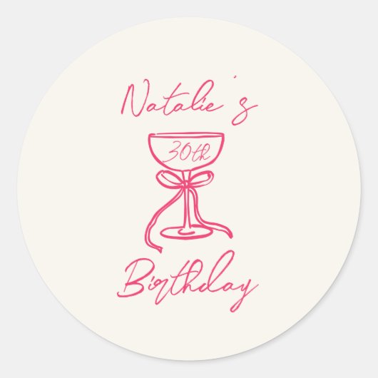 Hand getrokken roze boog champagne glas 30e verjaa ronde sticker (Voorkant)