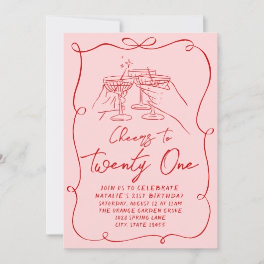 Hand getrokken roze boog juicht tot eenentwintig v kaart (Voorkant)