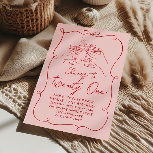 Hand getrokken roze boog juicht tot eenentwintig v kaart