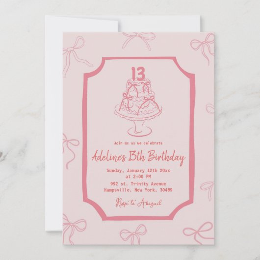Hand getrokken Roze Bow Cake Verjaardagsmeisje Kaart (Voorkant)