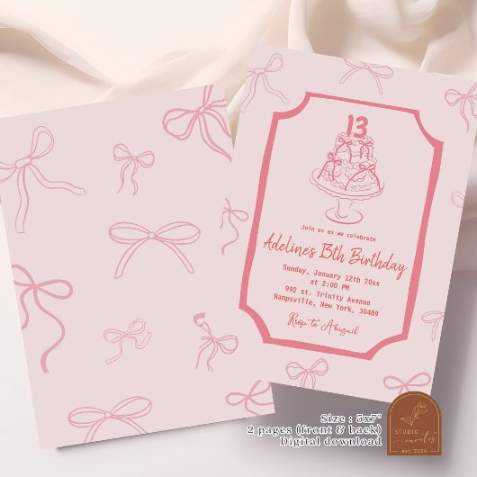 Hand getrokken Roze Bow Cake Verjaardagsmeisje Kaart