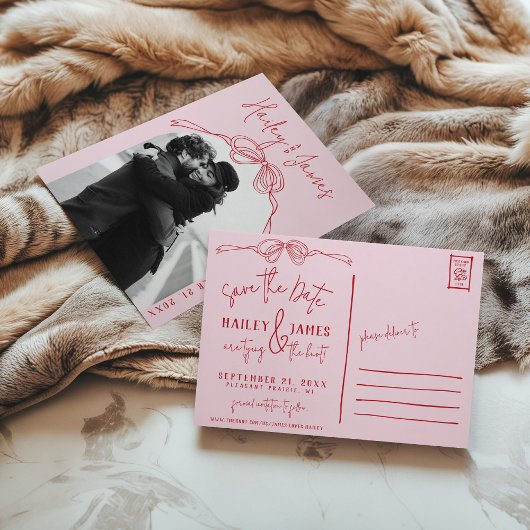 Hand Getrokken Roze Bow Foto Huwelijk Save the Dat Briefkaart