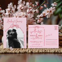 Hand Getrokken Roze Bow Foto Huwelijk Save the Dat