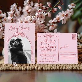 Hand Getrokken Roze Bow Foto Huwelijk Save the Dat Briefkaart