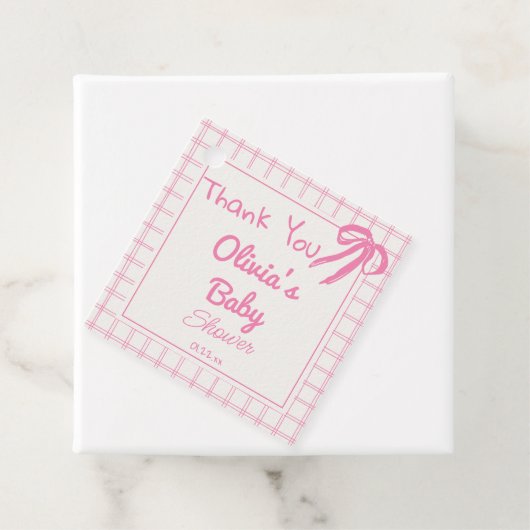 Hand getrokken Roze Bow Gingham Baby Meisje Douche Bedankjes Labels (In situ)