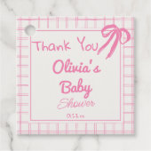 Hand getrokken Roze Bow Gingham Baby Meisje Douche Bedankjes Labels (Voorkant)