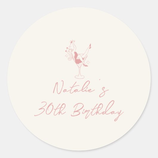 Hand getrokken roze cocktail meisje 30e verjaardag ronde sticker (Voorkant)