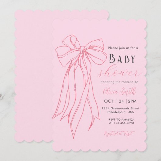Hand getrokken roze Coquette Bow Girl Baby shower Kaart (Voorkant / Achterkant)