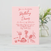 Hand getrokken Roze Coquette Leuke Verjaardag Dine Kaart (Staand voorkant)