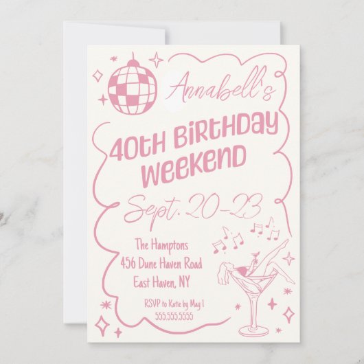 Hand getrokken Roze Disco 40e Verjaardagsfeestweek Kaart (Voorkant)