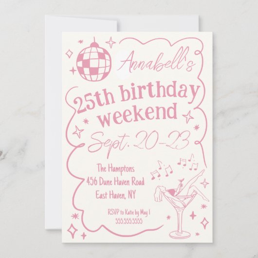 Hand getrokken roze disco verjaardagsfeestje meisj kaart (Voorkant)