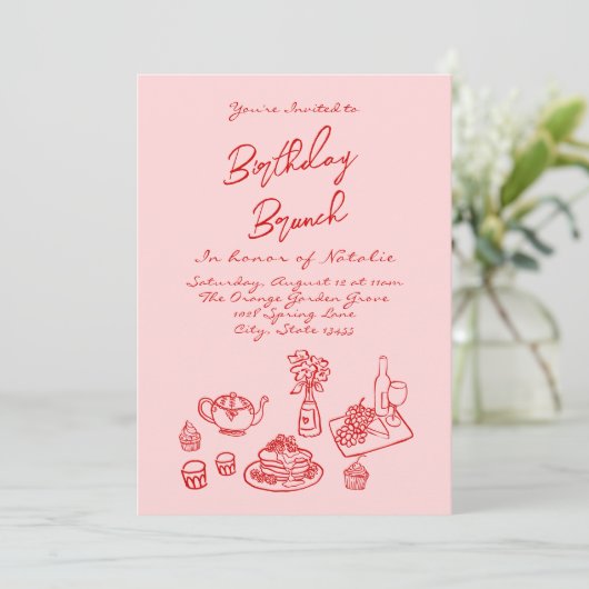 Hand getrokken roze eigenzinnige foto leuke verjaa kaart (Staand voorkant)