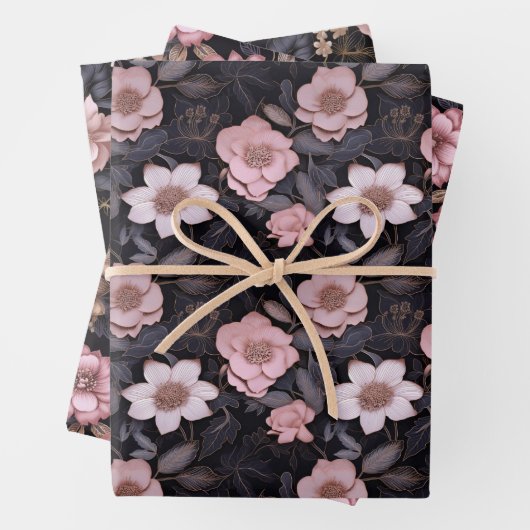 Hand-getrokken Roze en Gouden 3D Bloempatroon Inpakpapier Vel (In situ)