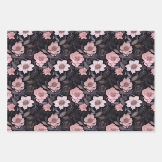 Hand-getrokken Roze en Gouden 3D Bloempatroon Inpakpapier Vel (Voorkant)