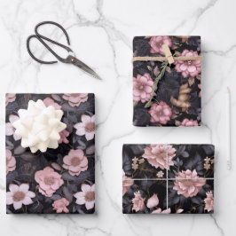 Hand-getrokken Roze en Gouden 3D Bloempatroon Inpakpapier Vel