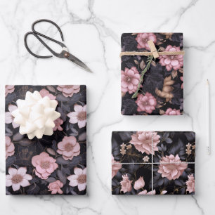 Hand-getrokken Roze en Gouden 3D Bloempatroon Inpakpapier Vel