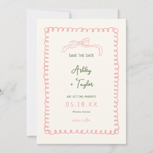 Hand getrokken Roze en Groen Frans Leuk Huwelijk Save The Date (Voorkant)