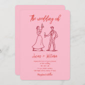 Hand getrokken roze en rode grillige QR-code bruil Kaart (Voorkant / Achterkant)