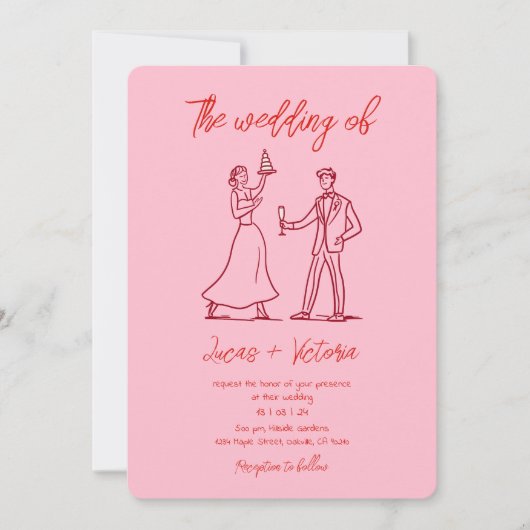 Hand getrokken roze en rode grillige QR-code bruil Kaart (Voorkant)