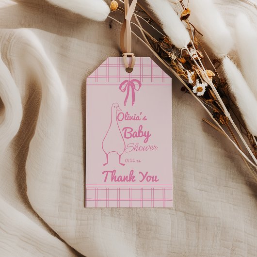 Hand getrokken roze gans lint baby meisje douche cadeaulabel