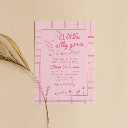 Hand getrokken roze Gekke Goose Baby Meisje Douche Kaart