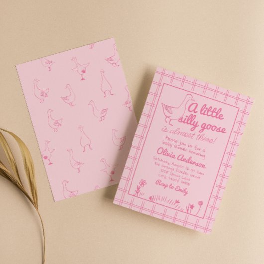 Hand getrokken roze Gekke Goose Baby Meisje Douche Kaart