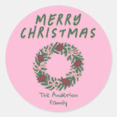 Hand Getrokken Roze Groene Kerst Bow Krans Ronde Sticker (Voorkant)