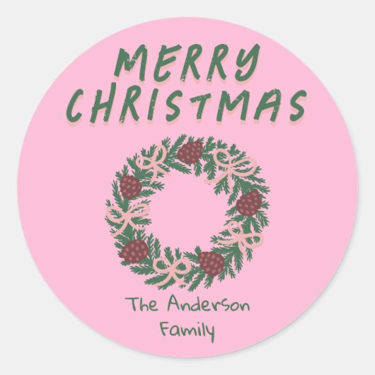  Hand Getrokken Roze Groene Kerst Bow Krans Ronde Sticker (Voorkant)